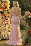 Vestido de Baile de Baile de Sereia com decote em V, tamanho grande e blush brilhante, com lantejoulas