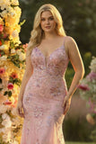 Vestido de Baile de Baile de Sereia com decote em V, tamanho grande e blush brilhante, com lantejoulas