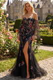Vestido comprido de baile de finalistas com flores pretas cor-de-rosa e lantejoulas