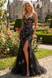 Flor preta cor-de-rosa com alças fingas, lantejoulas, vestido longo de baile de sereia com fenda