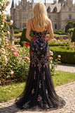 Flor preta cor-de-rosa com alças fingas, lantejoulas, vestido longo de baile de sereia com fenda