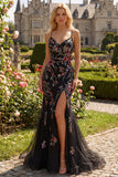 Flor preta cor-de-rosa com alças fingas, lantejoulas, vestido longo de baile de sereia com fenda