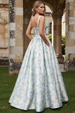 Vestido Comprido Evasé Branco e Azul para Convidada de Casamento