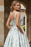 Vestido Comprido Evasé Branco e Azul para Convidada de Casamento