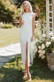 Vestido de Noiva Midi Branco Justo ao Corpo em Renda com Racha