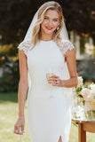 Vestido de Noiva Midi Branco Justo ao Corpo em Renda com Racha