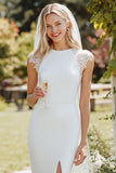 Vestido de Noiva Midi Branco Justo ao Corpo em Renda com Racha