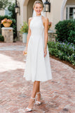 Vestido de Noiva Midi Branca em Renda com Decote Holter e Linha A