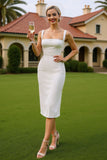 Vestido de Noiva Midi Justo Branca com Decote Quadrado Simples