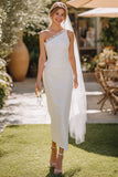 Vestido de Noiva Midi Branca de Um Ombro com Renda
