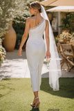 Vestido de Noiva Midi Branca de Um Ombro com Renda