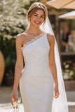 Vestido de Noiva Midi Branca de Um Ombro com Renda