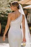 Vestido de Noiva Midi Branca de Um Ombro com Renda