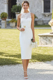Vestido de Noiva Midi Branca Decote em Bico com Renda