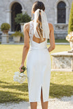 Vestido de Noiva Midi Branca Decote em Bico com Renda
