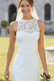 Vestido de Noiva Midi Branca Decote em Bico com Renda