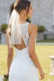 Vestido de Noiva Midi Branca Decote em Bico com Renda