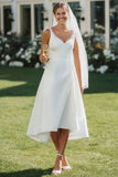 Vestido de Noiva Midi Branca com Linha-A decote em V e renda