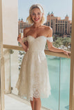 Vestido de Noiva A Linha Curto de Renda Marfim Ombro a Ombro