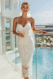 Vestido de Noiva Midi Marfim de Renda de Alças Finas