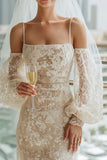 Vestido de Noiva Comprido Marfim com Alças Finas em Renda