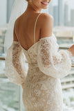 Vestido de Noiva Comprido Marfim com Alças Finas em Renda