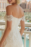 Vestido de Noiva Midi  Linha-A em Renda Marfim com Ombro a Ombro