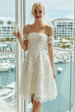 Vestido de Noiva Curto em Renda Marfim com Ombro a Ombro