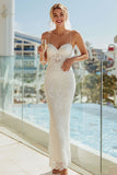Vestido de Noiva Comprido de Renda Marfim com Aplicações de Missangas
