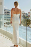 Vestido de Noiva Comprido de Renda Marfim com Aplicações de Missangas