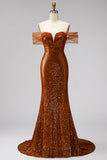 Vestido de baile de finalistas com lantejoulas de sereia de ombros descobertos, decote em V e cauda de varrida