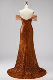 Vestido de baile de finalistas com lantejoulas de sereia de ombros descobertos, decote em V e cauda de varrida