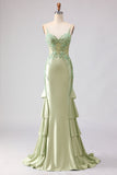Vestido de Baile de Finalista Longo com Espartilho Verde Claro com Missangas e Sereia Verde Clara