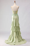 Vestido de Baile de Finalista Longo com Espartilho Verde Claro com Missangas e Sereia Verde Clara