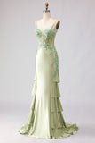 Vestido de Baile de Finalista Longo com Espartilho Verde Claro com Missangas e Sereia Verde Clara