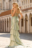 Vestido de Baile de Finalista Longo com Espartilho Verde Claro com Missangas e Sereia Verde Clara