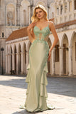 Vestido de Baile de Finalista Longo com Espartilho Verde Claro com Missangas e Sereia Verde Clara