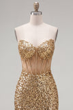 Bodycon dourado brilhante Bodycon Sweetheart Twin transparente Vestido de Lantejoulas Homecoming