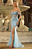 Vestido de Baile Longo Azul Brilhante com Ombro a Ombro e Lantejoulas