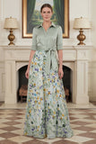 Vestido Comprido de Linha-A Verde Sálvia Floral para Mãe da Noiva com Laço