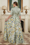 Vestido Comprido de Linha-A Verde Sálvia Floral para Mãe da Noiva com Laço