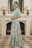 Vestido Comprido de Linha-A Verde Sálvia Floral para Mãe da Noiva com Laço