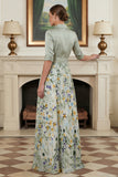Vestido Comprido de Linha-A Verde Sálvia Floral para Mãe da Noiva com Laço