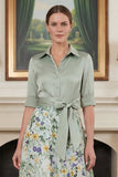 Vestido Comprido de Linha-A Verde Sálvia Floral para Mãe da Noiva com Laço