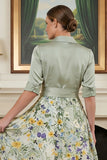 Vestido Comprido de Linha-A Verde Sálvia Floral para Mãe da Noiva com Laço