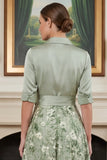 Vestido Mãe da Noiva Verde Sálvia A Linha Estampado com Laço