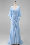 Vestido Comprido Ceu Azul com Decote em V para Mãe da Noiva