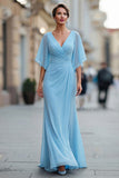 Vestido Comprido Ceu Azul com Decote em V para Mãe da Noiva