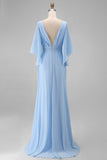 Vestido Comprido Ceu Azul com Decote em V para Mãe da Noiva