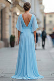 Vestido Comprido Ceu Azul com Decote em V para Mãe da Noiva